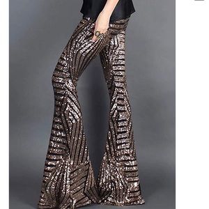 Sequin metallic bell bottoms gold club flared pants cocktail rave festival black